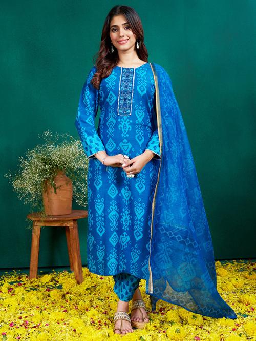 women printed long sleeve kurta pant with dupatta set - 22014230 - Very Small Image - 1