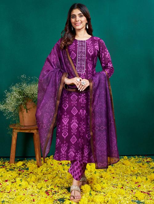 women printed three quarter sleeve kurta pant with dupatta set - 22014232 - Very Small Image - 1