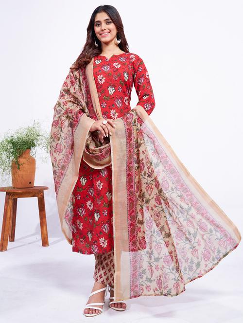 women printed three quarter sleeve kurta pant with dupatta set - 22014233 - Very Small Image - 1