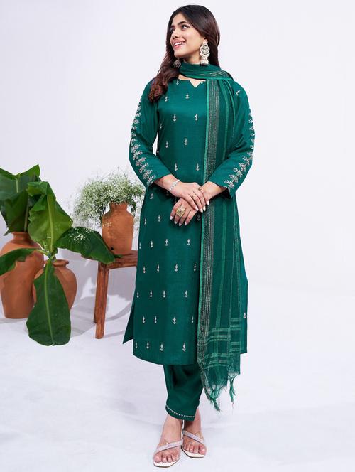 women embroidered three quarter sleeve kurta pant with dupatta set - 22014244 - Very Small Image - 1