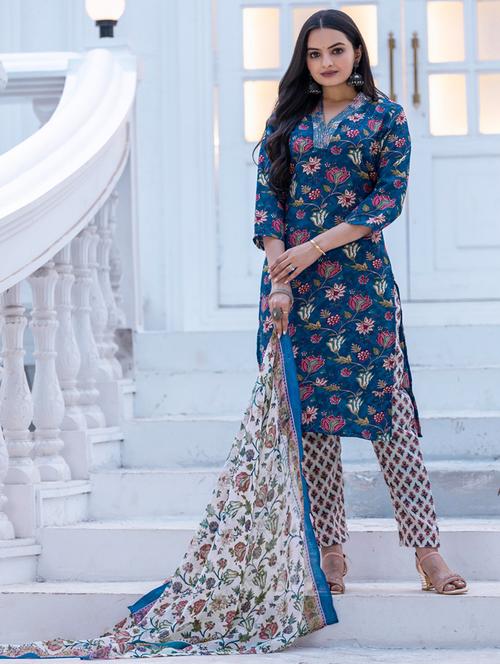 women floral print three quarter sleeve kurta pant with dupatta set - 22014259 - Very Small Image - 1