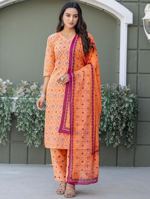 women printed three quarter sleeve kurta pant with dupatta set - 22014264 - Very Small Image - 1