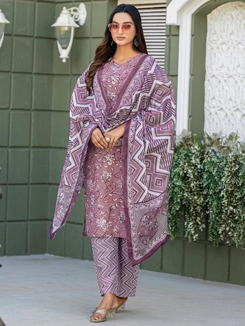 women printed three quarter sleeve kurta pant with dupatta set - 22014265 - Very Small Image - 1