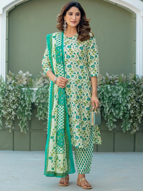 women printed three quarter sleeve kurta pant with dupatta set - 22014272 - Very Small Image - 1