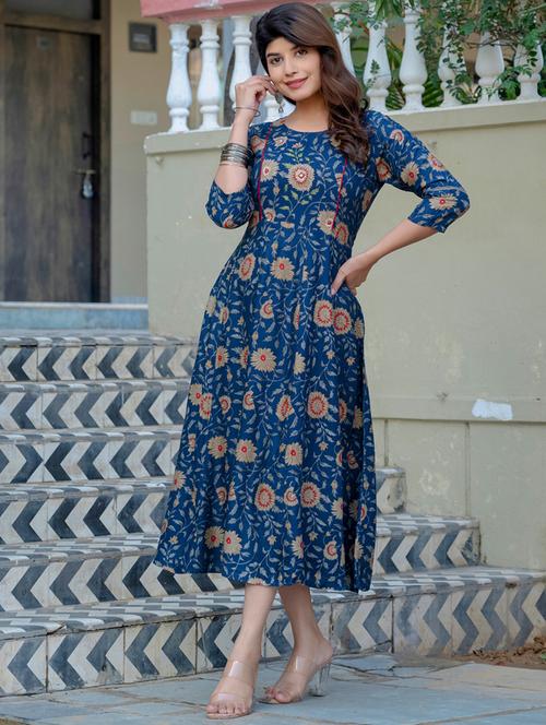women printed three quarter sleeve anarkali kurta - 22014319 - Very Small Image - 1