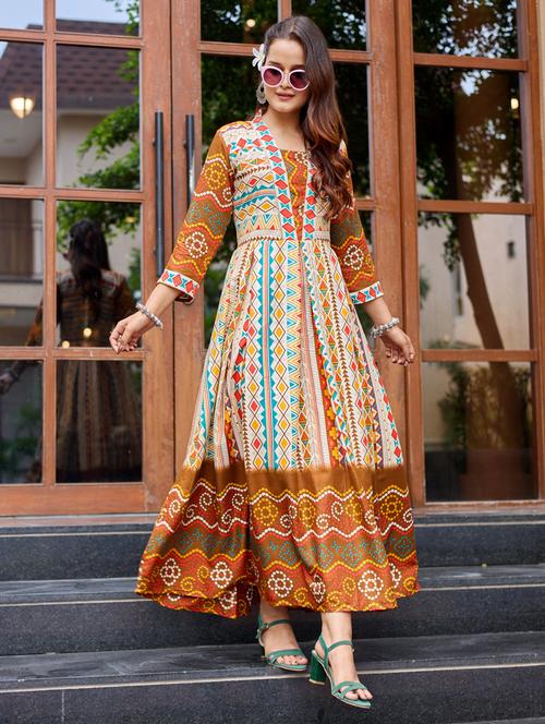 women printed three quarter sleeve anarkali kurta - 22014339 - Very Small Image - 1