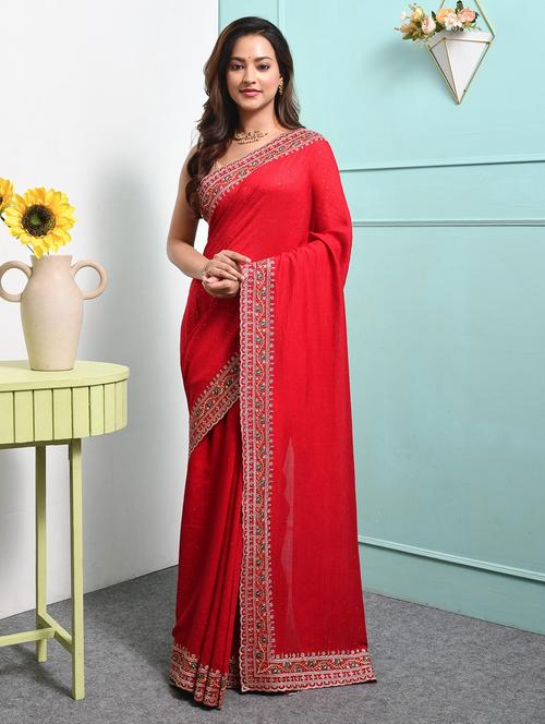 women solid with work embellished saree with blouse - 22014379 - Very Small Image - 1