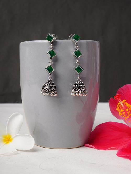 green & silver toned classic design crystal drop jhumki - 22014484 - Very Small Image - 1