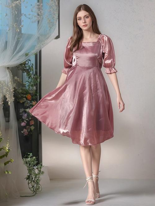 women mauve solid puff sleeve a-line dress - 22017537 - Very Small Image - 1