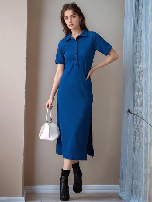 women solid short sleeve collared straight dress - 22017549 - Very Small Image - 1