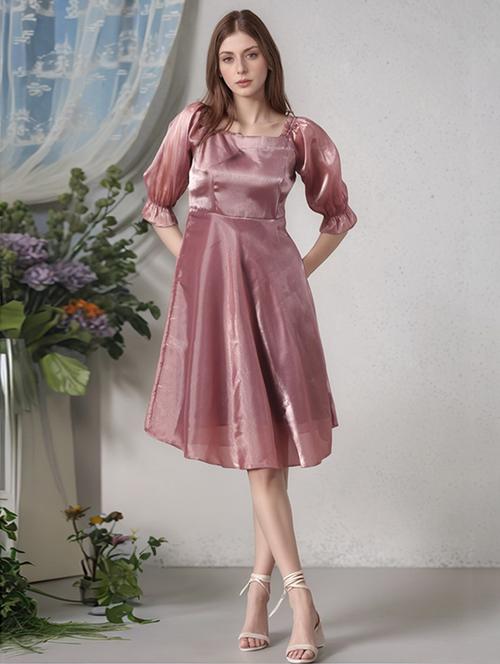 women solid puff sleeve a-line dress - 22017561 - Very Small Image - 1