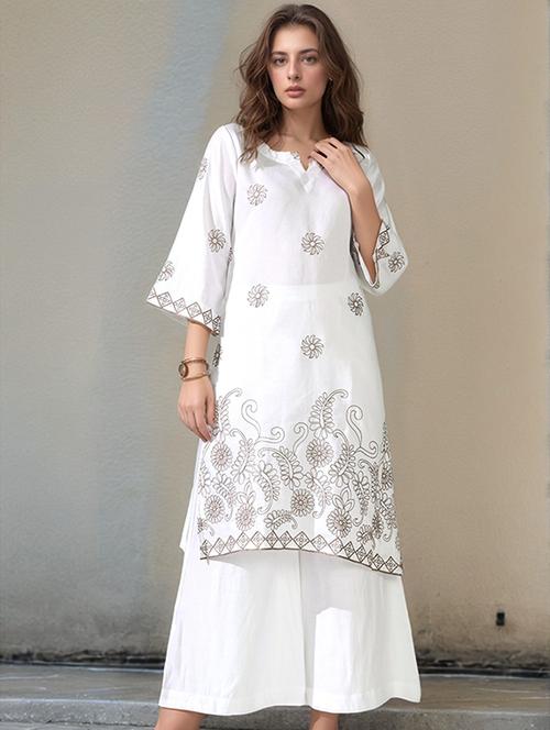 women embroidered three quarter sleeve kurta and palazzo set - 22017583 - Very Small Image - 1