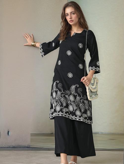 women embroidered three quarter sleeve kurta and palazzo set - 22017584 - Very Small Image - 1