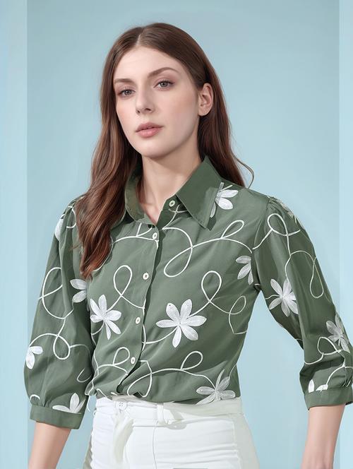 women embroidered puff sleeve collared shirt top - 22017589 - Very Small Image - 1