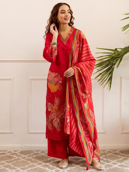 women printed long sleeve kurta palazzo with dupatta set - 22019987 - Very Small Image - 1