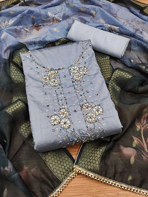 women solid with work embroidered unstitched suit set - 22020749 - Very Small Image - 1