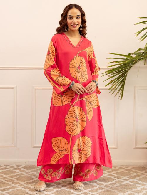 women floral printed long sleeve kurta palazzo set - 22021646 - Very Small Image - 1