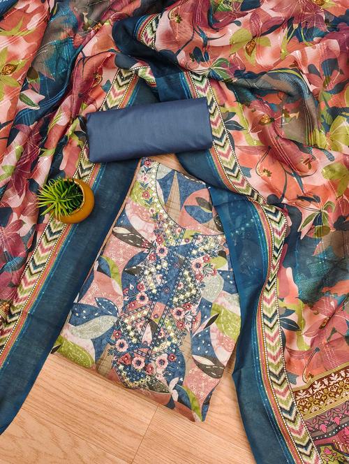 women printed embroidered unstitched suit set - 22022445 - Very Small Image - 1