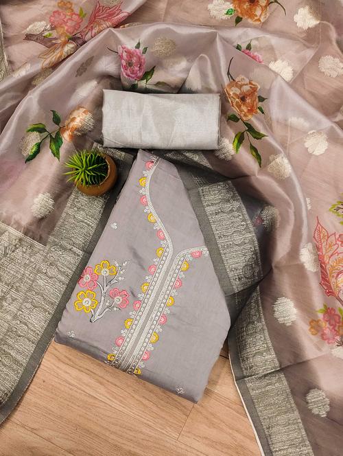 women solid with work embroidered unstitched suit set - 22022459 - Very Small Image - 1