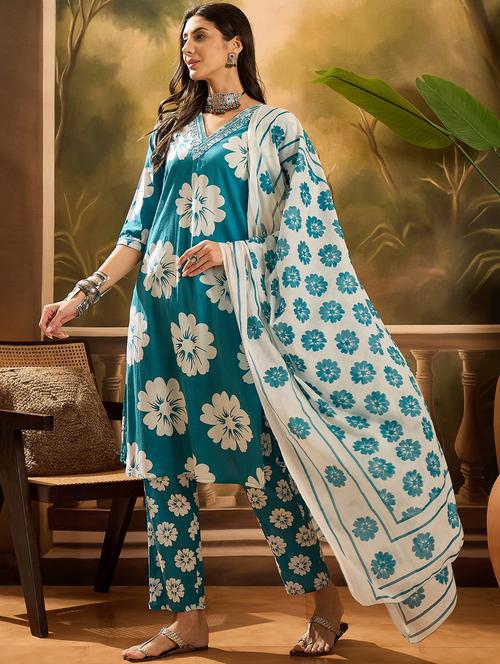 women floral printed three quarter sleeve kurta pant with dupatta set - 22026254 - Very Small Image - 1