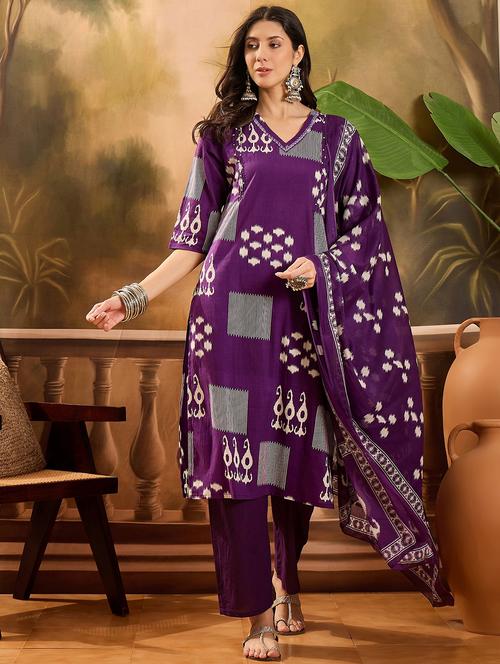 women printed three quarter sleeve kurta pant with dupatta set - 22026263 - Very Small Image - 1