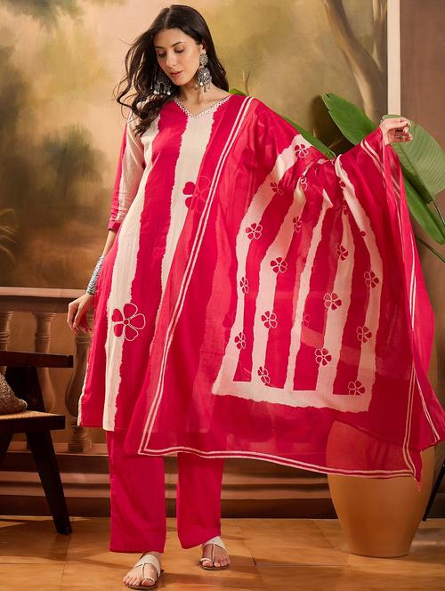 women striped three quarter sleeve kurta pant with dupatta set - 22026271 - Very Small Image - 1