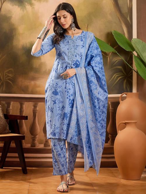 women printed three quarter sleeve kurta pant with dupatta set - 22026287 - Very Small Image - 1