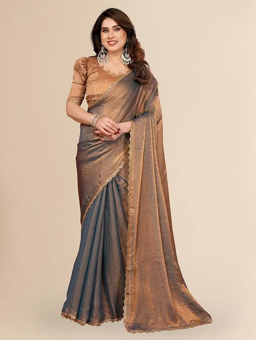 women solid with bordered embellished saree with blouse - 22027106 - Very Small Image - 1