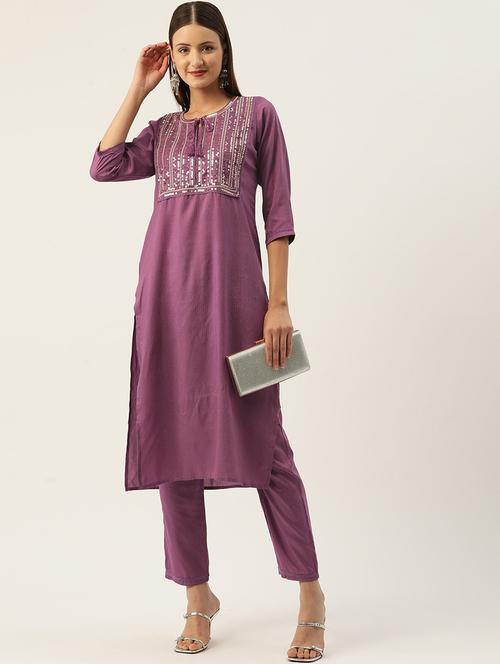 women solid with work three quarter sleeve kurta pant set - 22028338 - Very Small Image - 1