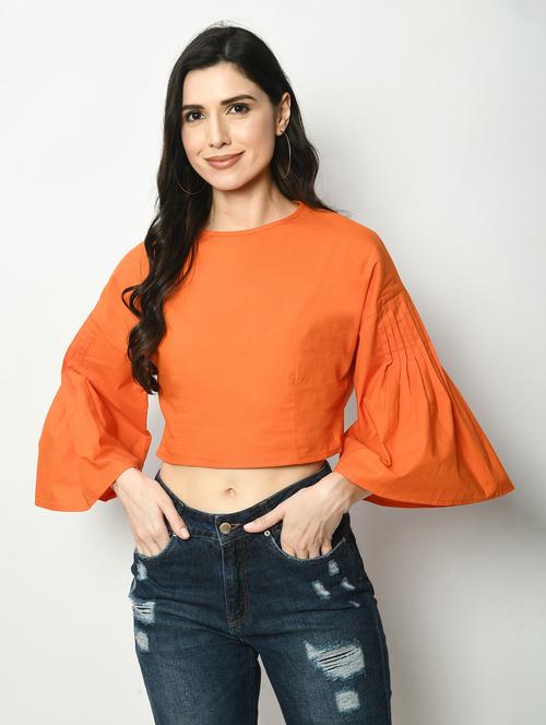 women orange solid bell sleeve crop top - 22028373 - Very Small Image - 1