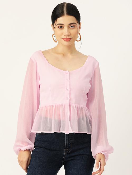 women pink solid puff sleeve peplum top - 22028418 - Very Small Image - 1