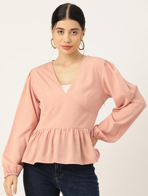women peach solid puff sleeve peplum top - 22028420 - Very Small Image - 1