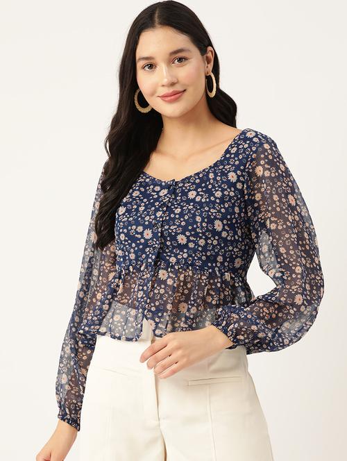 women floral print puff sleeve peplum top - 22028423 - Very Small Image - 1