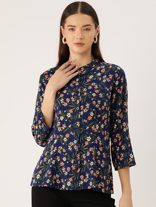 women navy blue florl print straight top - 22028430 - Very Small Image - 1