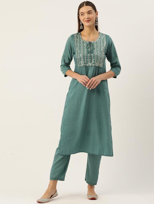 women embellished three quarter sleeve kurta pant set - 22028558 - Very Small Image - 1