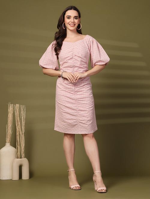 women checkered puff leeve sheath dress - 22028580 - Very Small Image - 1