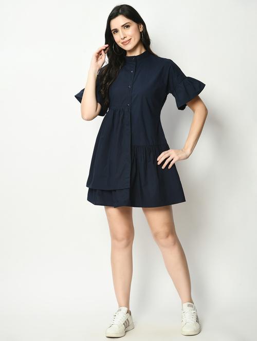 women navy blue solid bell sleeve tiered dress - 22028854 - Very Small Image - 1