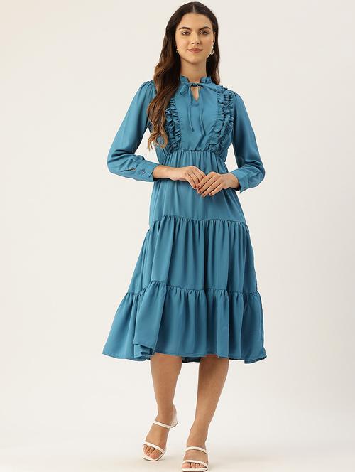women blue solid tie up neck tiered dress - 22028864 - Very Small Image - 1