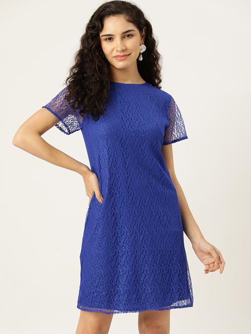 women blue solid short sleeve laced a-line dress - 22028932 - Very Small Image - 1