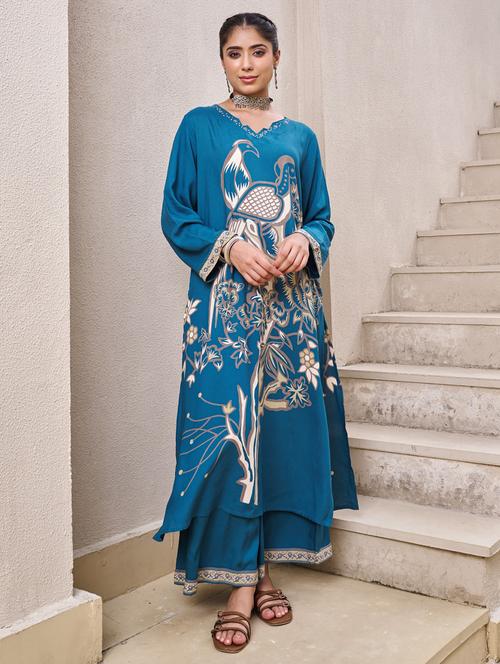 women printed long sleeve kurta palazzo set - 22029399 - Very Small Image - 1