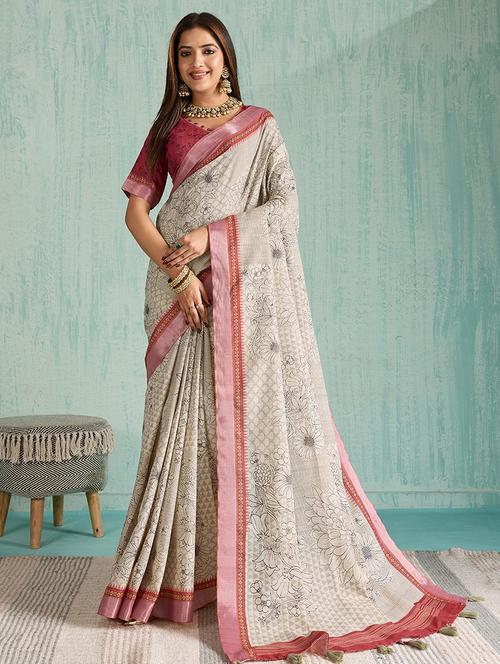 women floral printed bordered saree with blouse - 22030020 - Very Small Image - 1