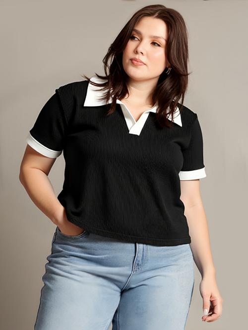women plus size solid short sleeve crop polo t-shirt - 22030671 - Very Small Image - 1