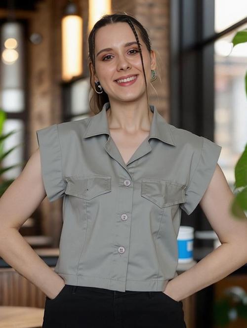 women grey solid short sleeve collared crop shirt - 22030690 - Very Small Image - 1