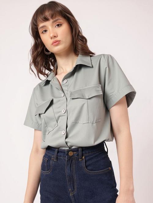 women grey solid short sleeve collared crop shirt - 22030693 - Very Small Image - 1