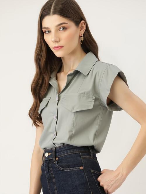 women grey solid short sleeve collared shirt - 22030695 - Very Small Image - 1