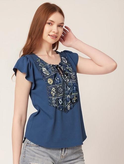 women solid with work tie up neck top - 22030709 - Very Small Image - 1