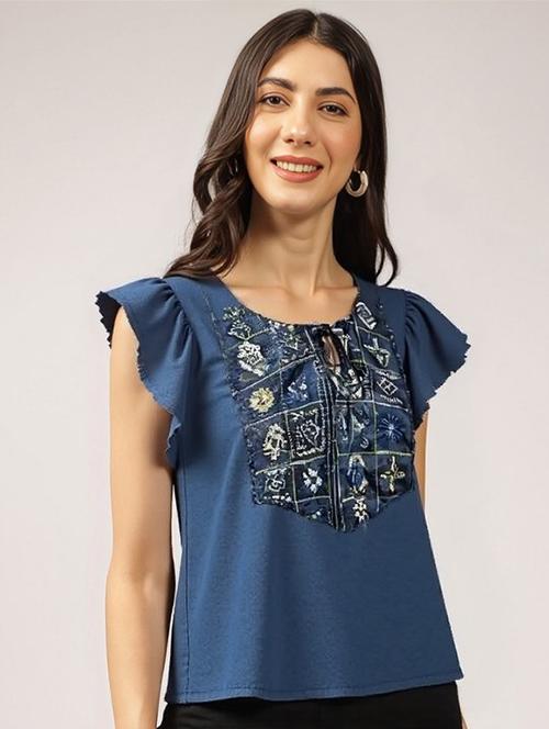 women solid with work tie up neck top - 22030710 - Very Small Image - 1