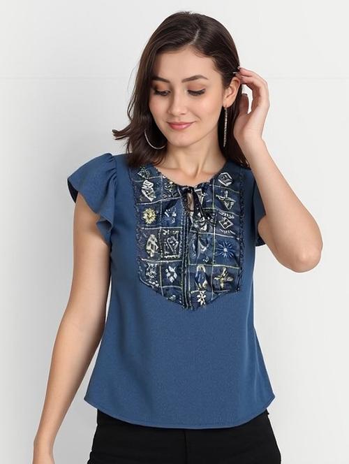 women solid with work tie up neck top - 22030712 - Very Small Image - 1