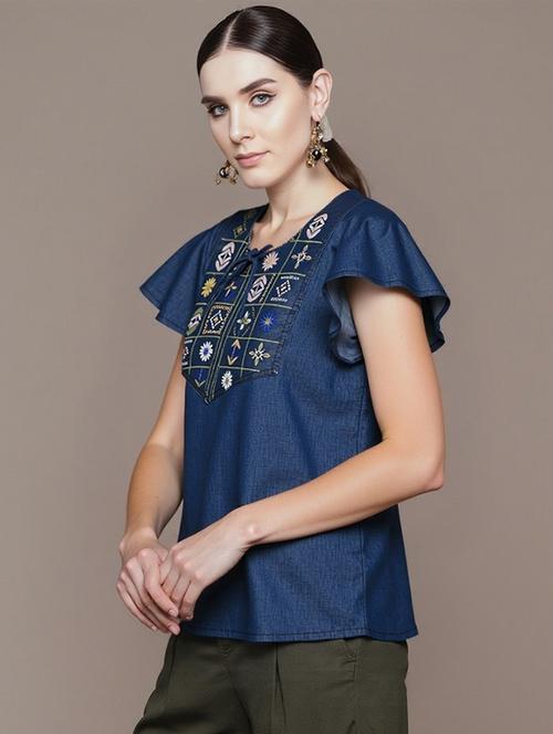 women solid with work tie up neck top - 22030715 - Very Small Image - 1