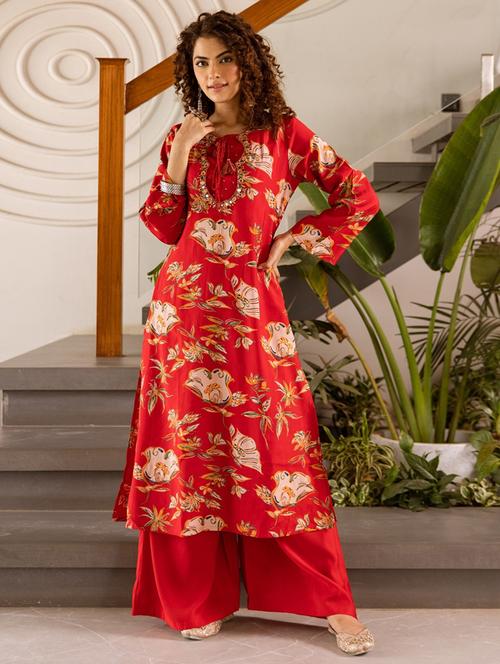 women floral long sleeve kurta palazzo set - 22030927 - Very Small Image - 1